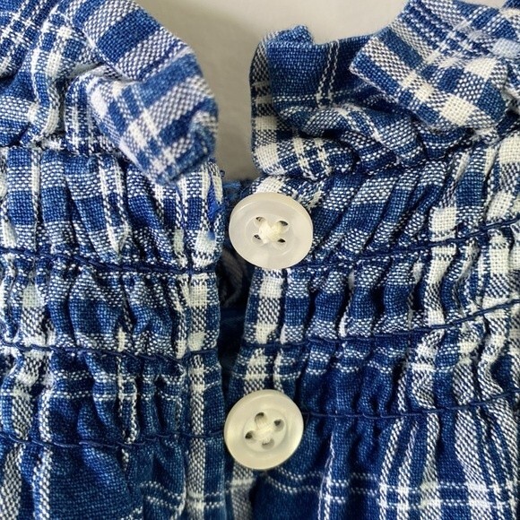 J Crew Plaid Smocked Ruffleneck Top Ansley Blue Wash Ballon 3/4 Sleeve High Neck - Picture 8 of 16
